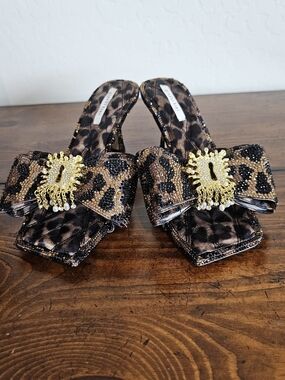 Gianni Bini Leopard Print Bow Heel Shoes Jewel/Rhinestone Women's Sz 6, 6.5, 7.5